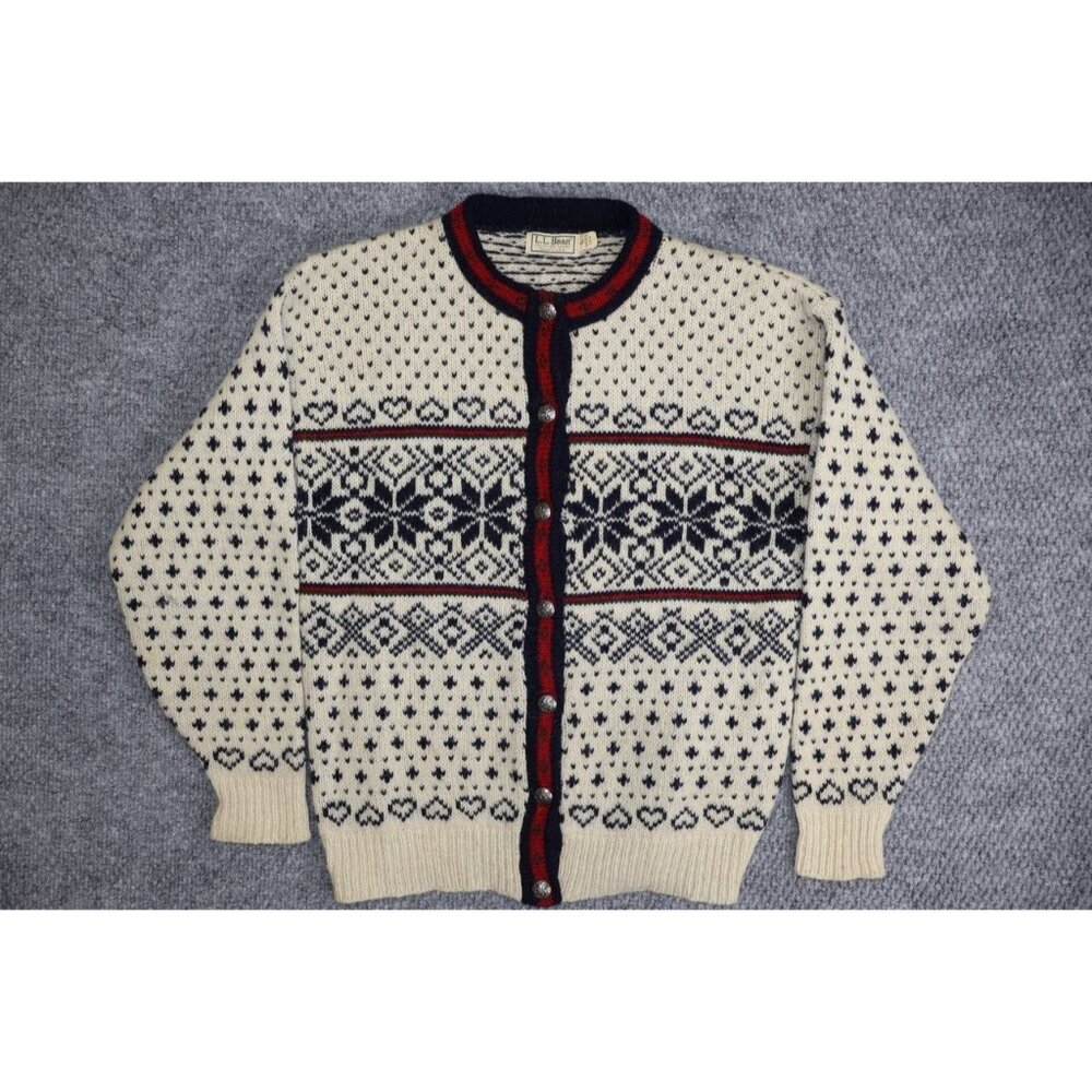 Vintage LL Bean Wool Women's Cardigan Sweater Large Fair Isle Nordic USA